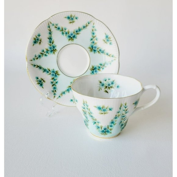 Royal Albert Shot Silk Teacup & Saucer White Blue Green Floral Swag Embossed VTG - Picture 1 of 14